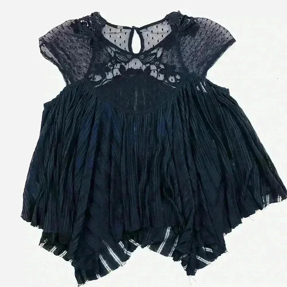 Free People Black Rayon Blend Lace Cap Sleeve Fit & Flare Babydoll Top Size XS - Picture 8 of 15